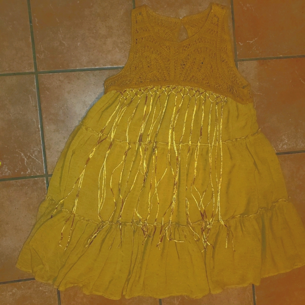Umgee Mustard Crocet Fringe flowy dress